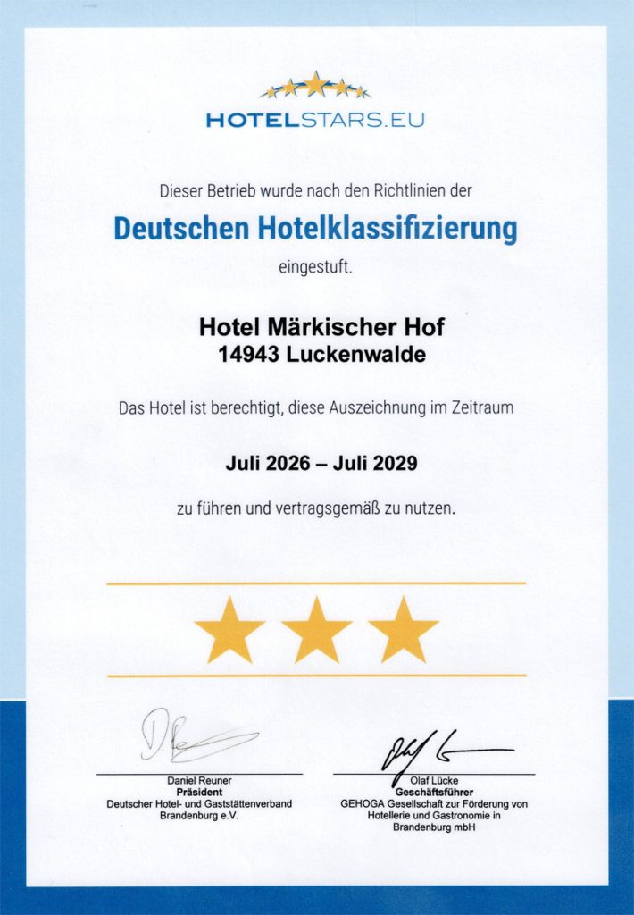 DEHOGA Urkunde 3 Sterne bis 2029